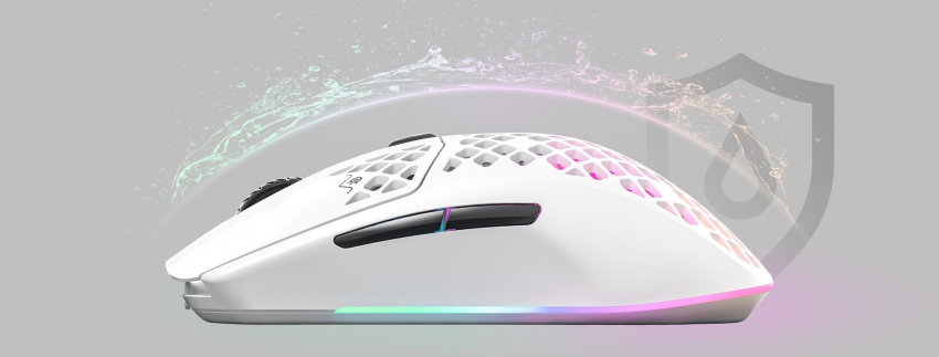 An Aerox 3 Wireless mouse with an invisible shield protecting it from incoming water splashing, to convey the waterproofing features.