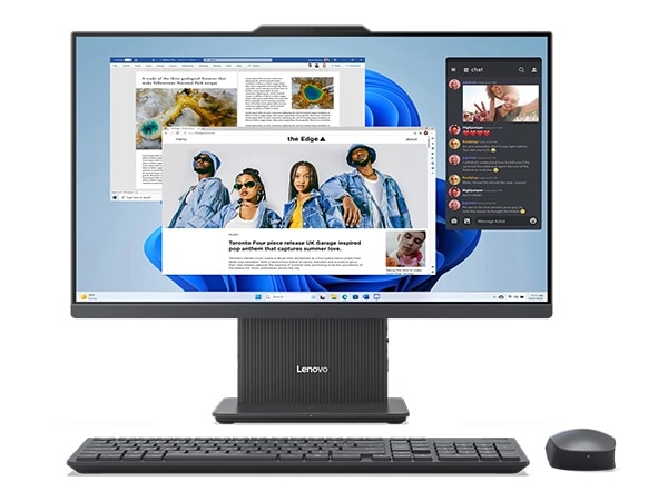 Front-facing view of Luna Grey IdeaCentre AIO i Gen 9 computer with optional keyboard and mouse
