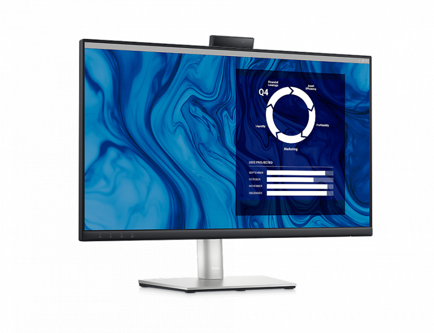 藍白色背景前的 Dell C2423H 視訊會議顯示器的圖片，螢幕呈現操作界面。