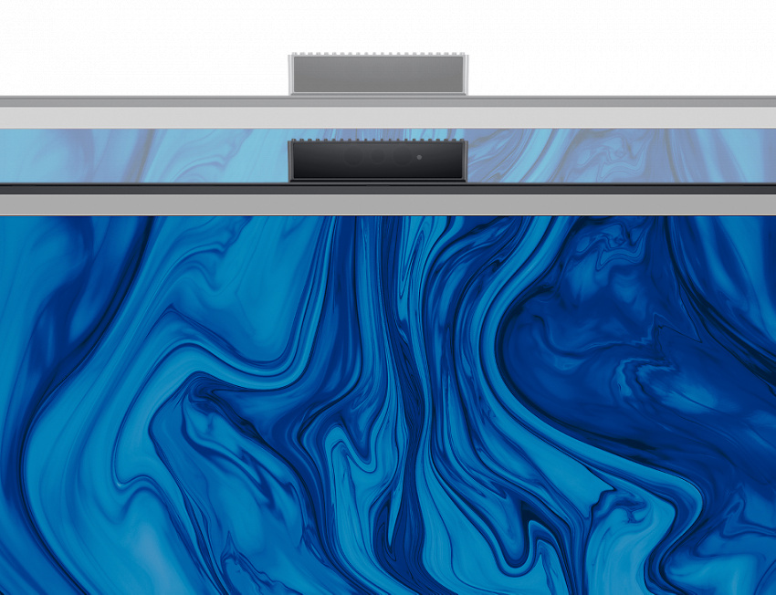 Dell C2423H 視訊會議顯示器圖片，產品上方有網路攝影機。螢幕呈現藍色背景。