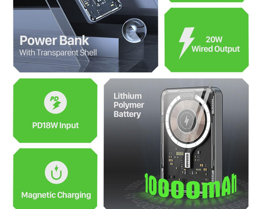 W12 Transparent Magnetic Wireless Power Bank 10000mAh
