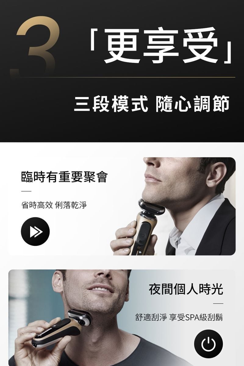 「更享受」三段模式 隨心調節臨時有重要聚會省時高效 俐落乾淨夜間個人時光舒適刮淨 享受SPA級刮鬍