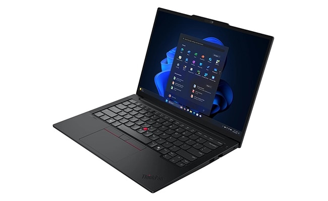 Lenovo ThinkPad E14 Gen 7 (14 吋 Intel) 筆記型電腦的正面和右側視圖，其纖薄時尚的外形，為你帶來更方便攜帶的功能。