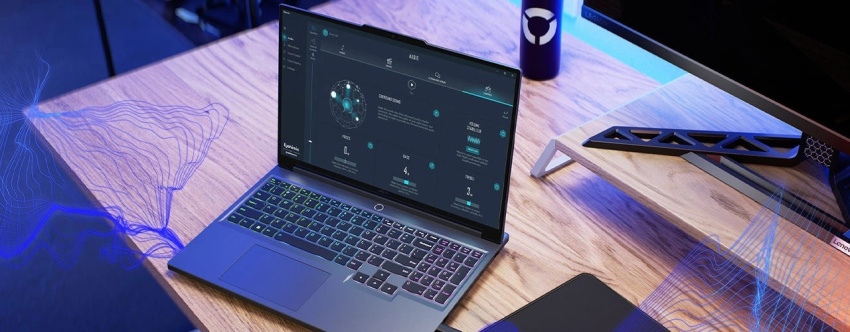 Legion 5i laptop facing right with Nahimic Audio software running on screen