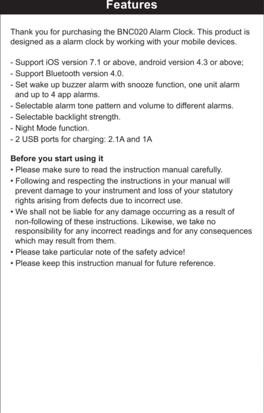 Page 3 of BNC020 Bluetooth Alarm Clock User Manual Manual Zeon Far East